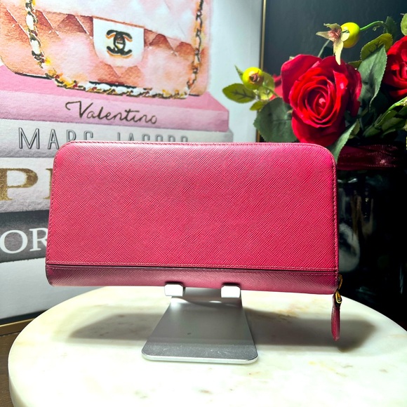 PRADA Long Wallet Purse 1M1157 leather Pink wine red Round zip - Picture 5 of 14